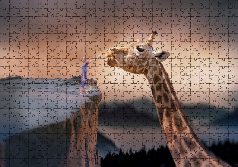 Fantastik Dev Zürafa ve Küçük Çocuk Puzzle Yapboz MDF Ahşap 500 Parça 49 cm X 68 cm