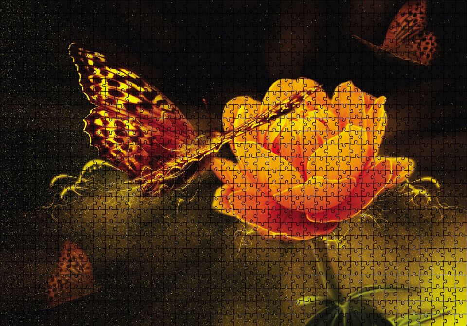 Işık Sarı Çiçek Kelebek Puzzle Yapboz MDF Ahşap 1000 Parça 49 cm X 68 cm
