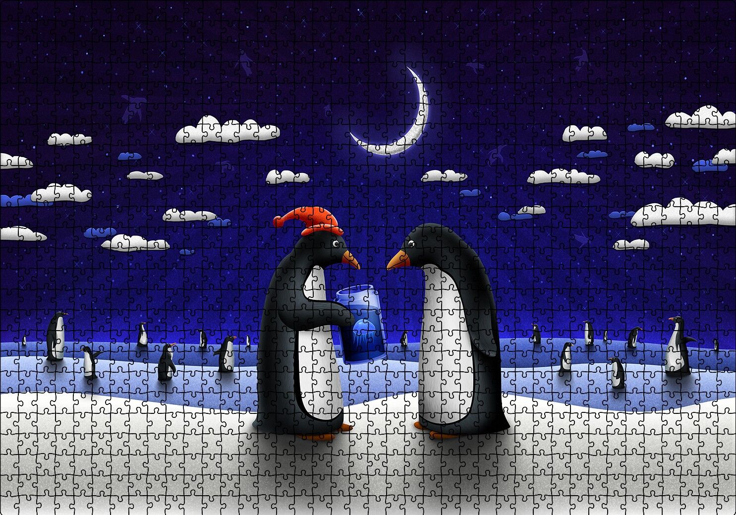 Penguenler Yılbaşı Hediyesi Denizanası Puzzle Yapboz MDF Ahşap 1000 Parça 49 cm X 68 cm