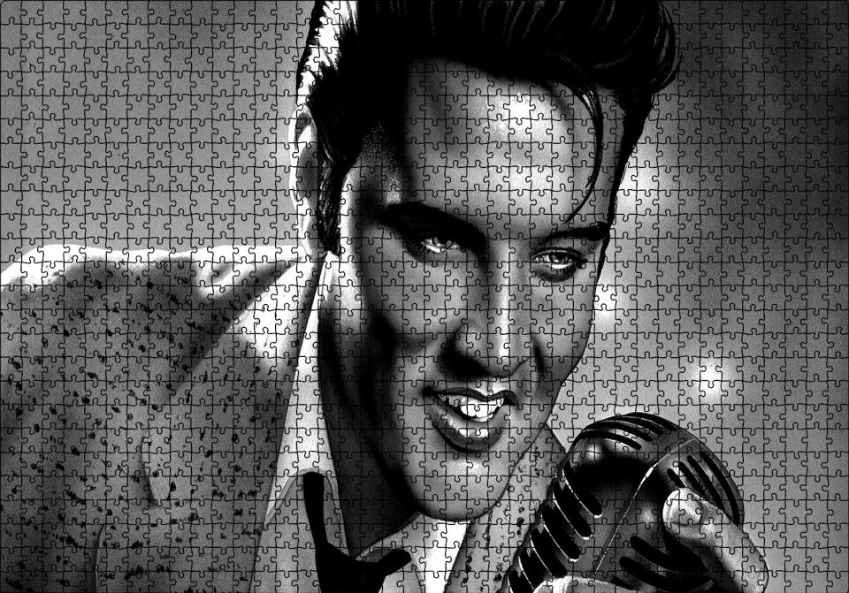 Elvis Presley Siyah Beyaz Çizim Puzzle Yapboz MDF Ahşap 1000 Parça 49 cm X 68 cm