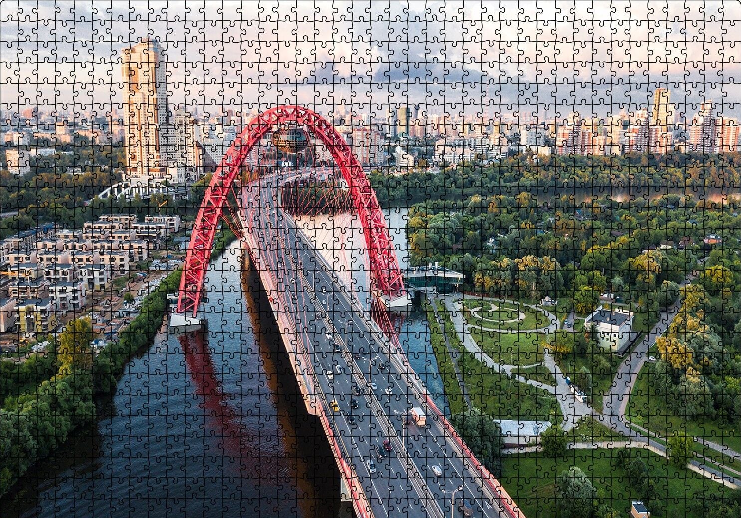 Şehir Ağaçlar Nehir ve Kırmızı Köprü Puzzle Yapboz MDF Ahşap 1000 Parça 49 cm X 68 cm