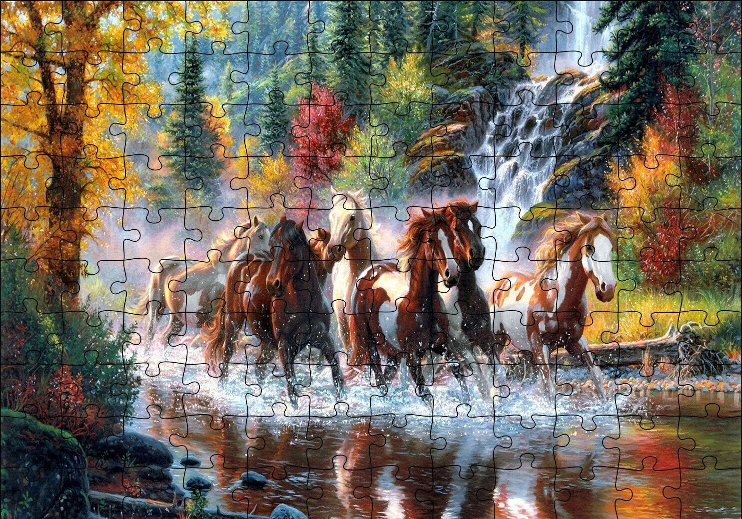 Nehirde Koşan Yaban Atları Puzzle Yapboz MDF Ahşap