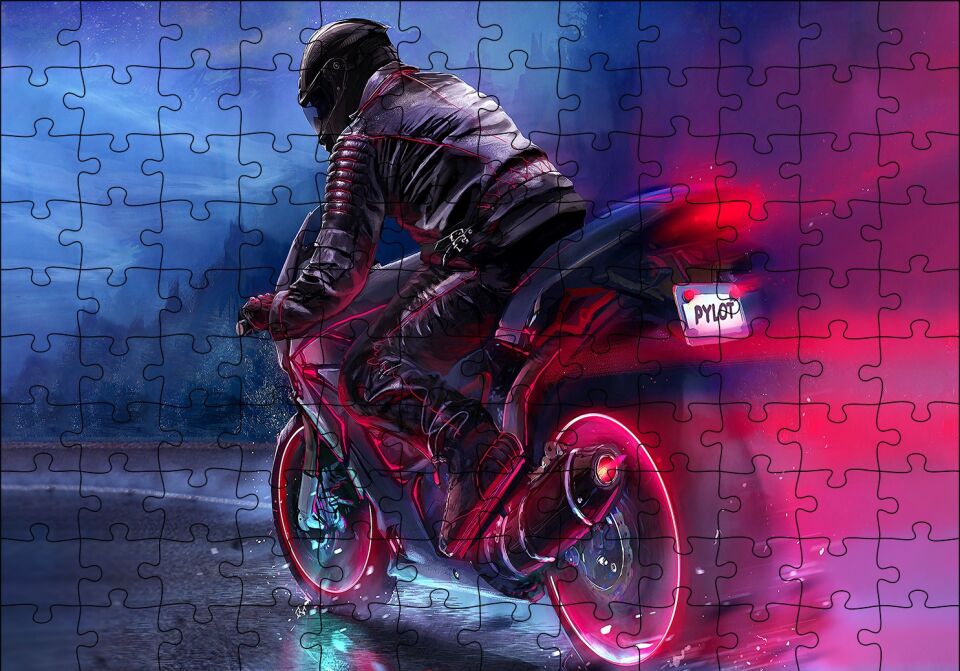 Racing Motorsiklet İllüstrasyon Puzzle Yapboz MDF Ahşap 120 Parça 24 cm X 34 cm
