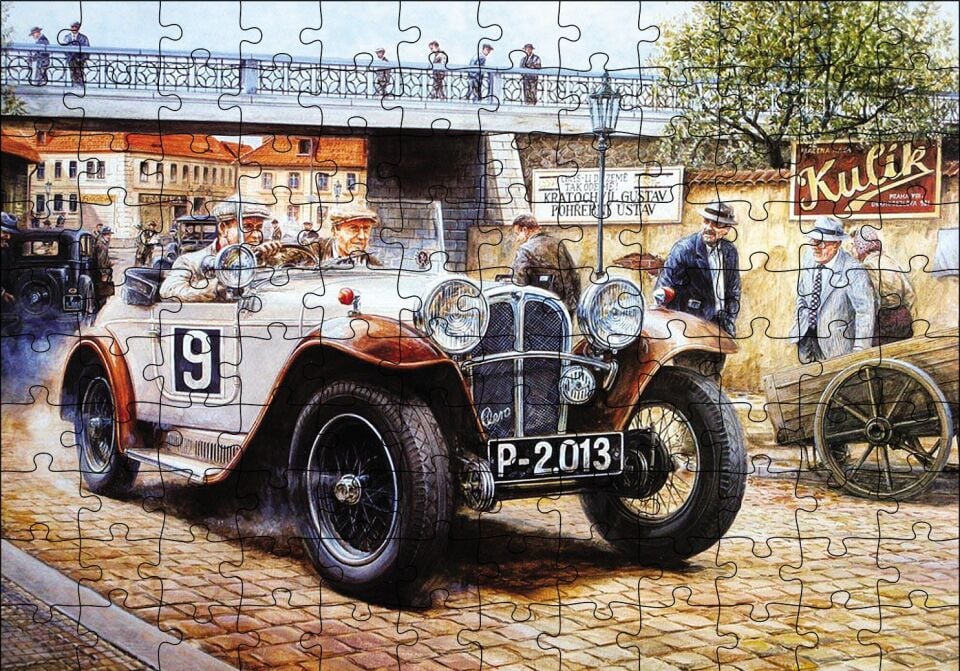 Geçmişte Araba Yarışçıları Görseli Puzzle Yapboz MDF Ahşap