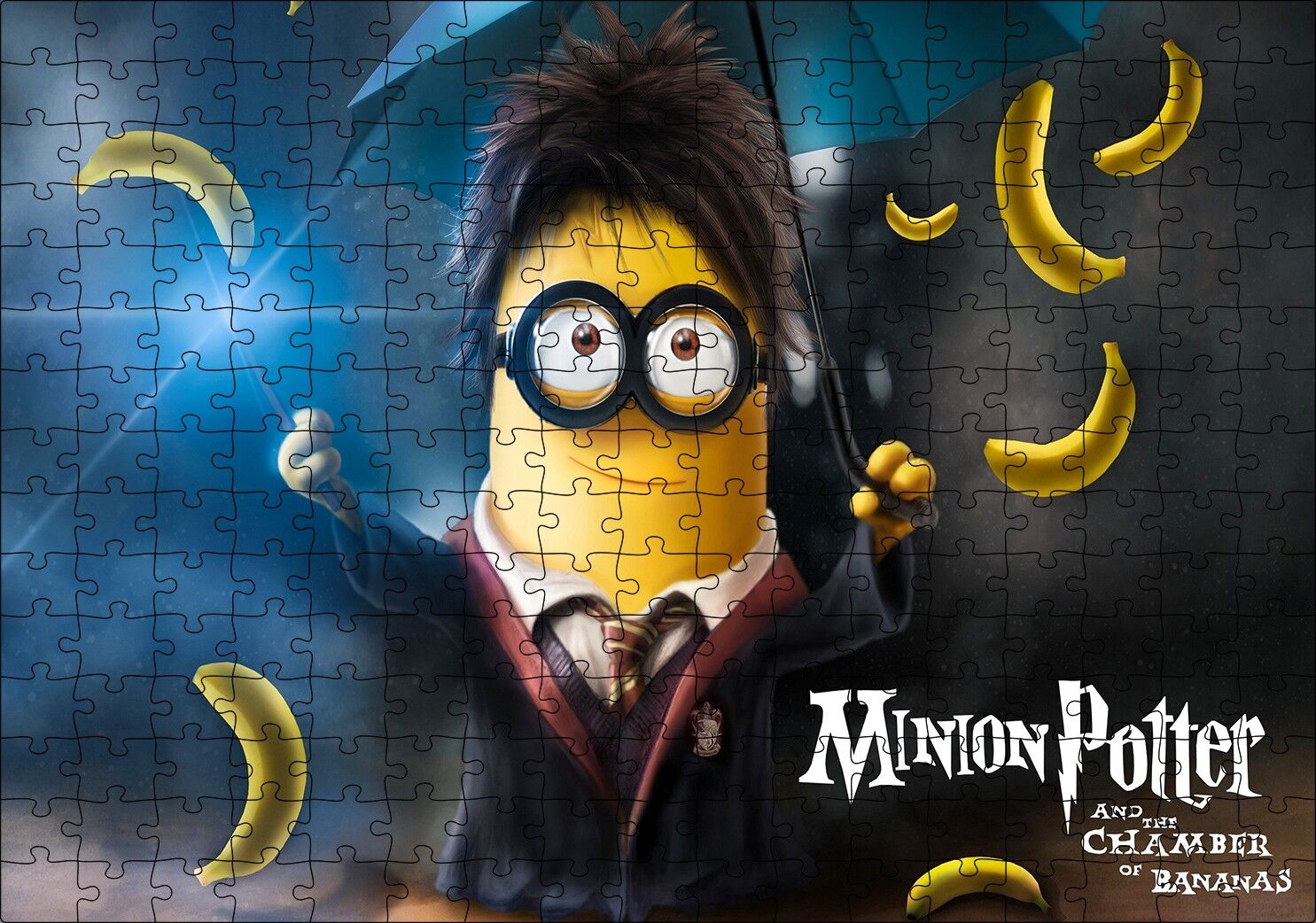 Minnion Potter Şemsiye Ve Muzlar Görsel Puzzle Yapboz MDF Ahşap 255 Parça 34 cm X 49 cm