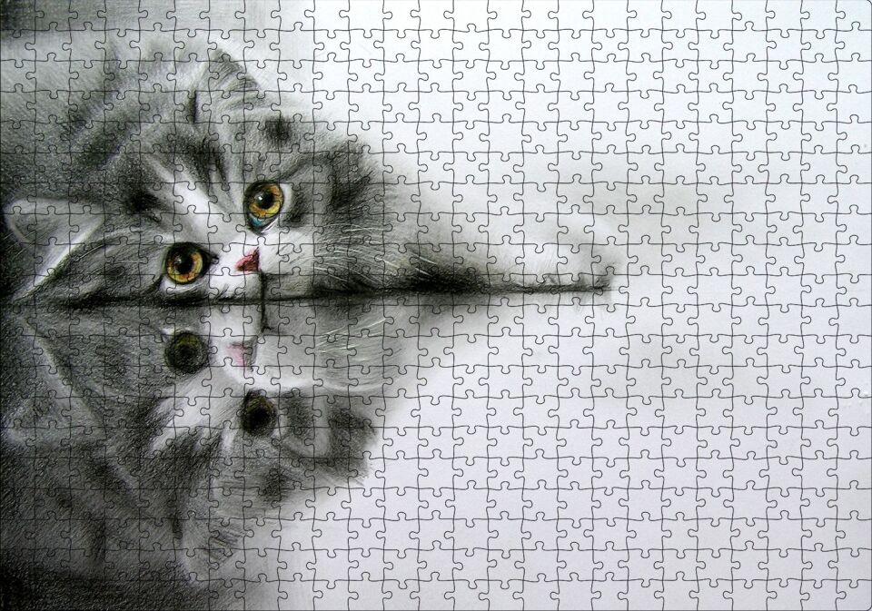 Cam Zeminde Sevimli Yavru Kedi Çizim Puzzle Yapboz MDF Ahşap 500 Parça 49 cm X 68 cm