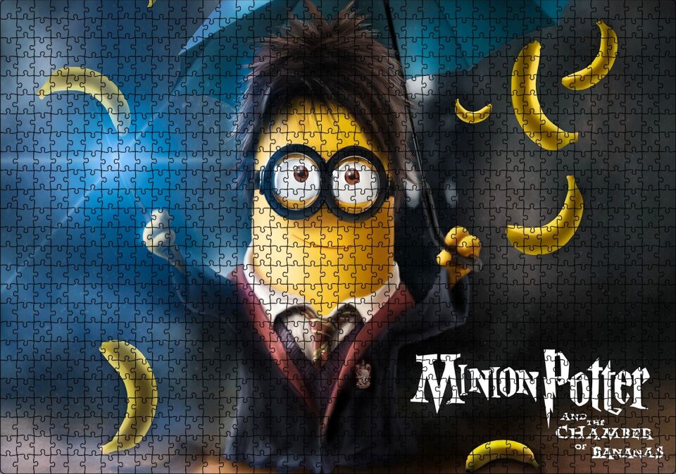 Minnion Potter Şemsiye Ve Muzlar Görsel Puzzle Yapboz MDF Ahşap 1000 Parça 49 cm X 68 cm