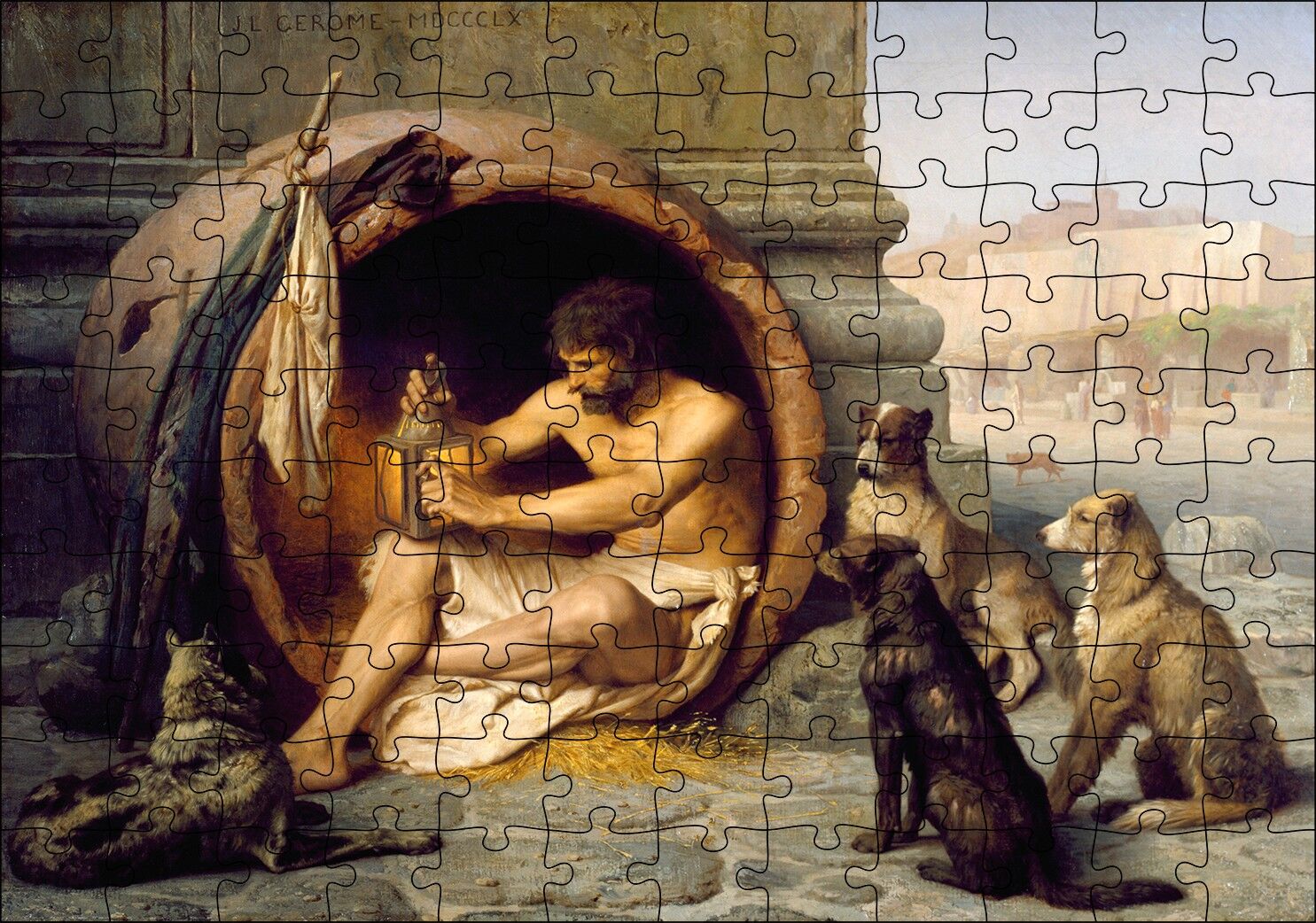 Diyojen Köpekleri ve Fıçısı Puzzle Yapboz MDF Ahşap 120 Parça 24 cm X 34 cm