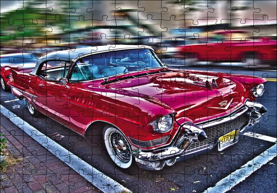 Klasik Kırmızı Araba Görseli Puzzle Yapboz MDF Ahşap