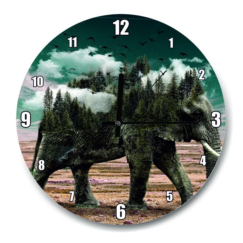 Ormanları ve Bulutları Barındıran Fil  Mdf Ahşap Duvar Saati