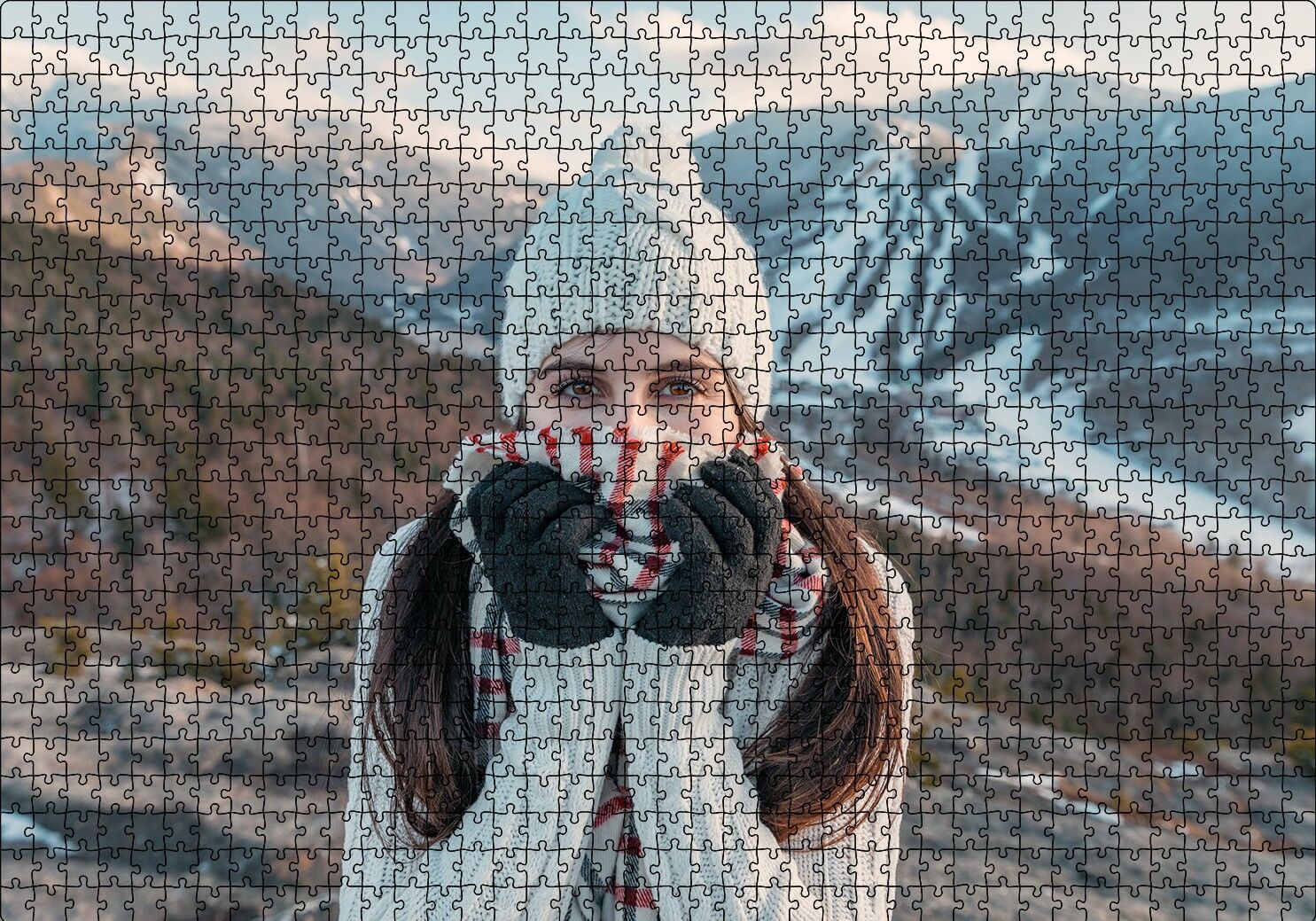 Soğuk Dağlar ve Beyaz Bereli Kız Puzzle Yapboz MDF Ahşap 1000 Parça 49 cm X 68 cm