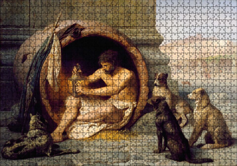 Diyojen Köpekleri ve Fıçısı Puzzle Yapboz MDF Ahşap 1000 Parça 49 cm X 68 cm