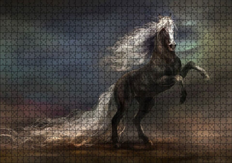 Uzun Yeleli Şahlanan At Görseli Puzzle Yapboz MDF Ahşap 1000 Parça 49 cm X 68 cm