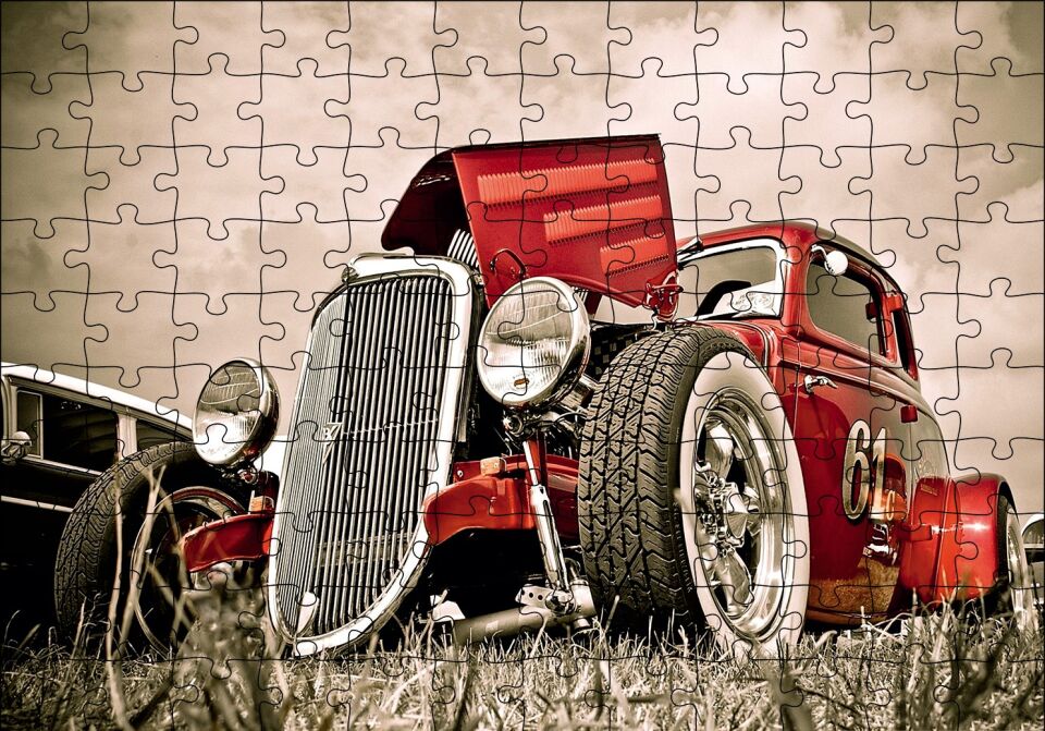 Klasik Kırmızı Hot Rod Araba Görseli Puzzle Yapboz MDF Ahşap