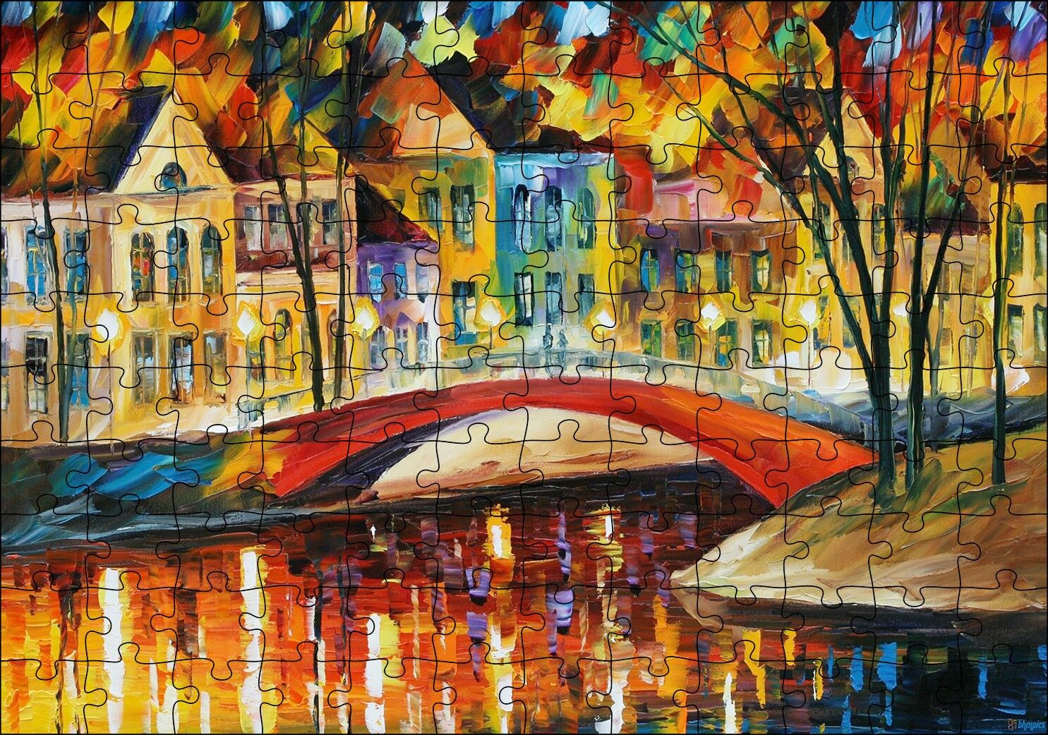 Kanalda Köprü ve Binalar Yağlı Boya Puzzle Yapboz MDF Ahşap