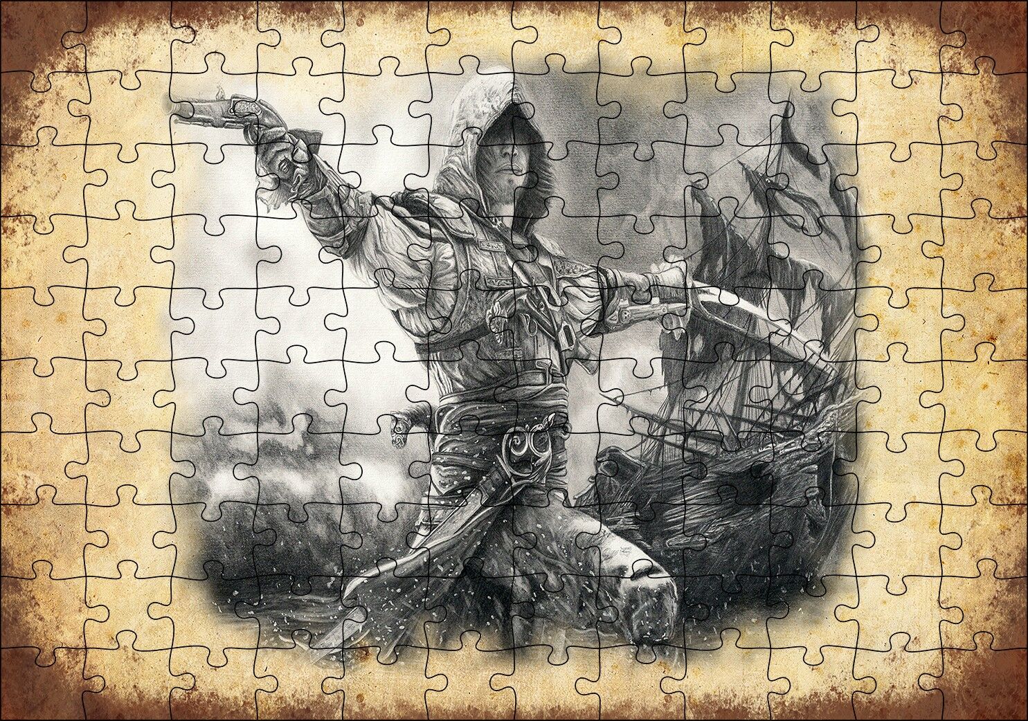 Karakalem Silahlı Korsan ve Arkada Gemisi Puzzle Yapboz MDF Ahşap