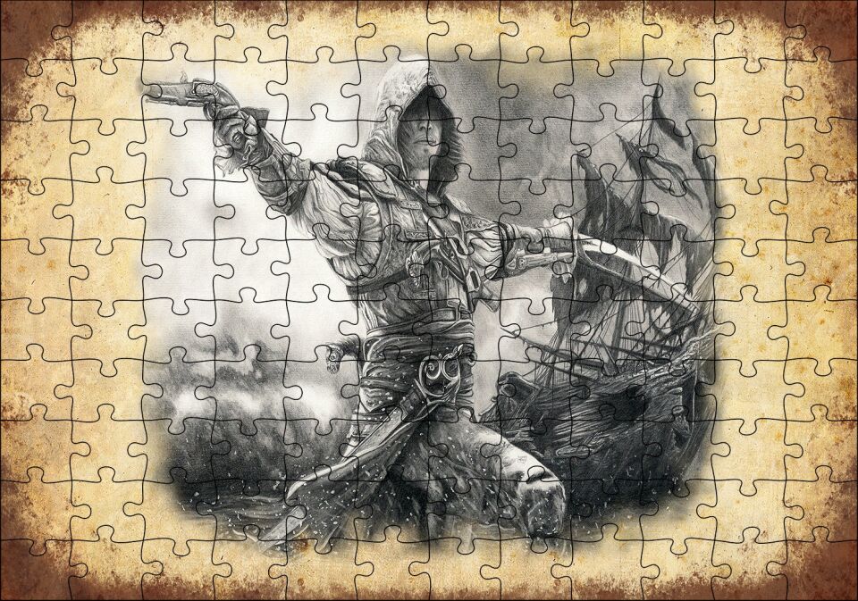 Karakalem Silahlı Korsan ve Arkada Gemisi Puzzle Yapboz MDF Ahşap