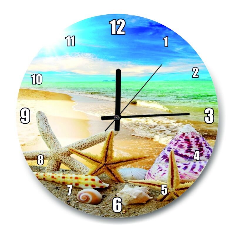 Kumsalda Denizyıldızı ve Deniz Kabukları  Mdf Ahşap Duvar Saati 30 cm Çap