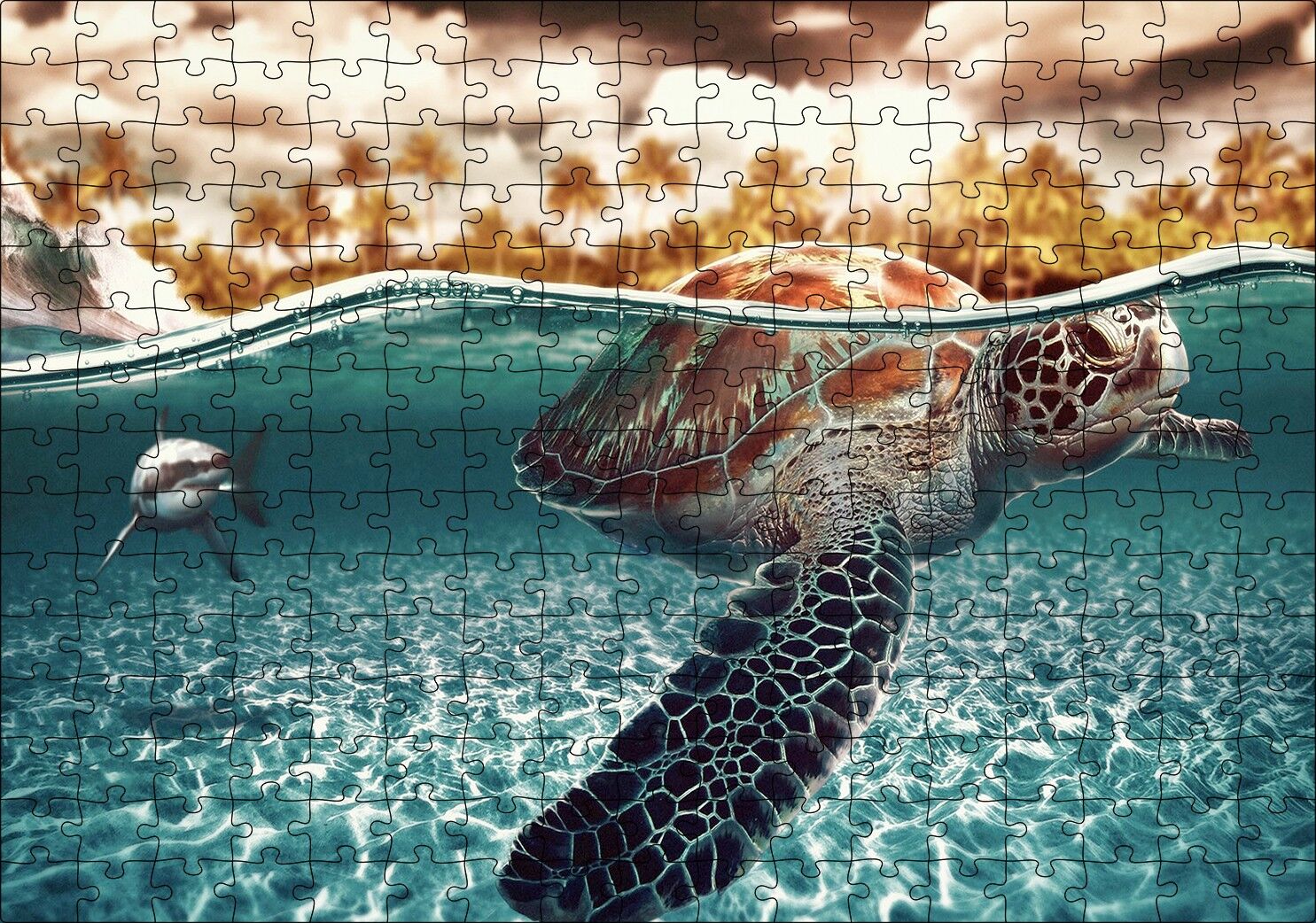 Caretta ve Büyük Beyaz Köpek Balığı Puzzle Yapboz MDF Ahşap 255 Parça 34 cm X 49 cm