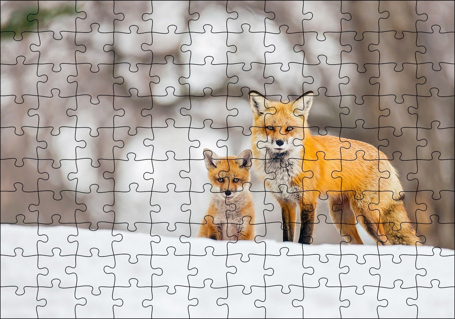 Karlar Üzerinde Kutup Tilkisi ve Yavrusu Puzzle Yapboz MDF Ahşap