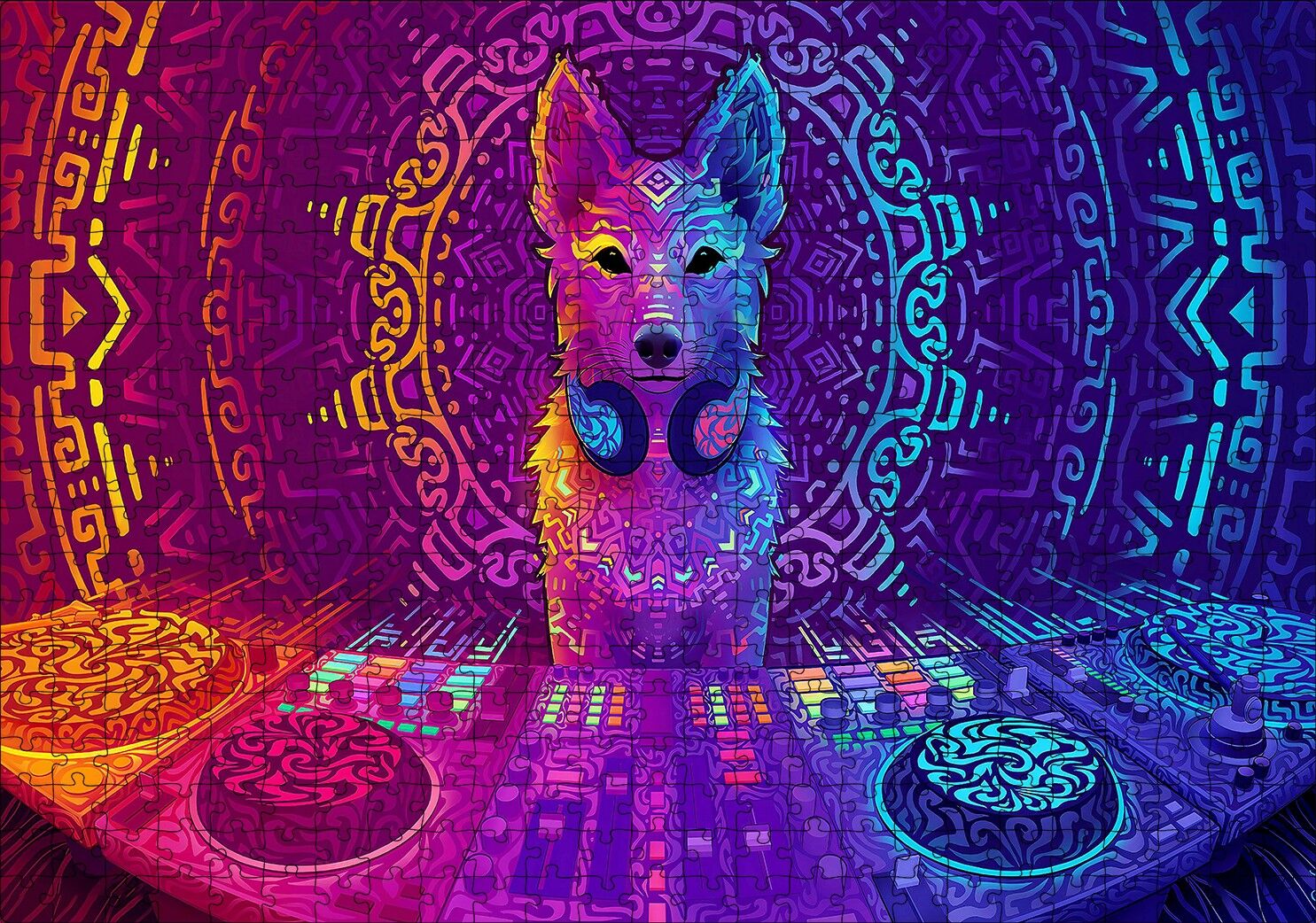 DJ Köpek ve Saykodelik Desenler Puzzle Yapboz MDF Ahşap 500 Parça 49 cm X 68 cm