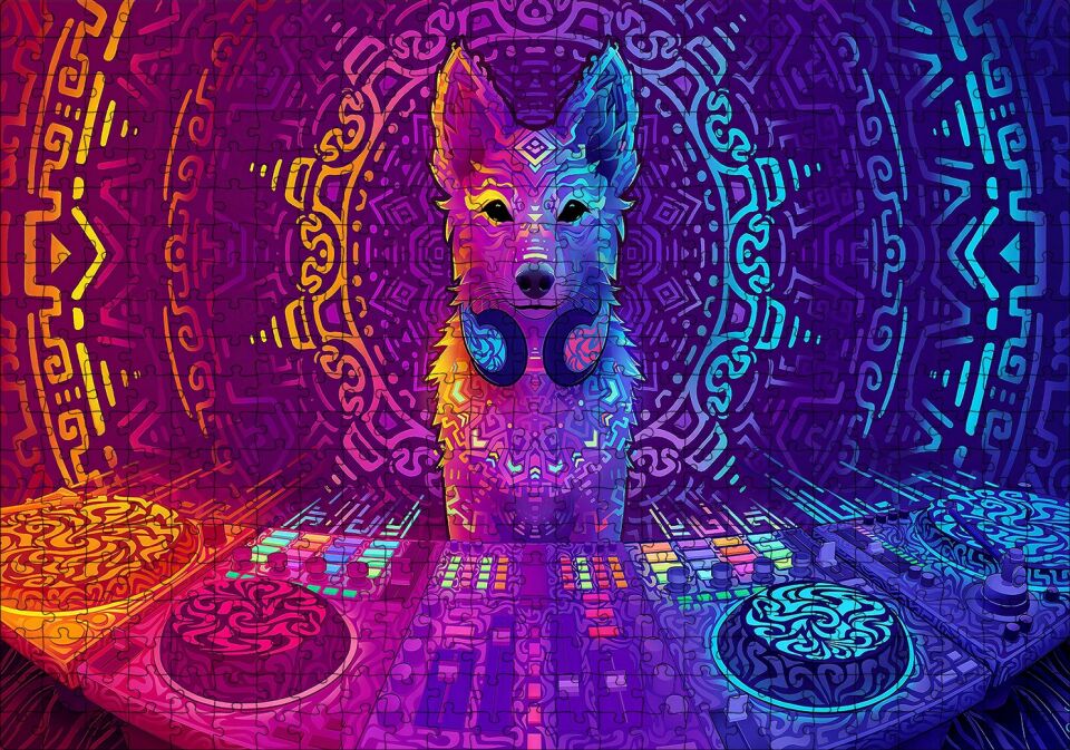 DJ Köpek ve Saykodelik Desenler Puzzle Yapboz MDF Ahşap 500 Parça 49 cm X 68 cm