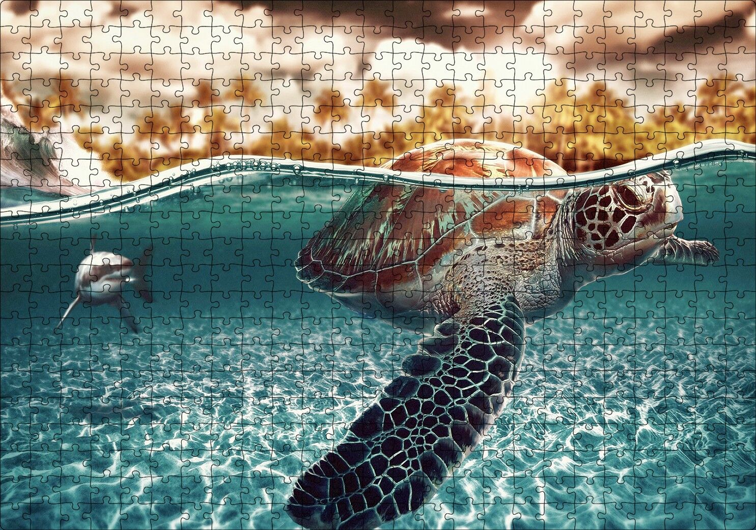 Caretta ve Büyük Beyaz Köpek Balığı Puzzle Yapboz MDF Ahşap 500 Parça 49 cm X 68 cm