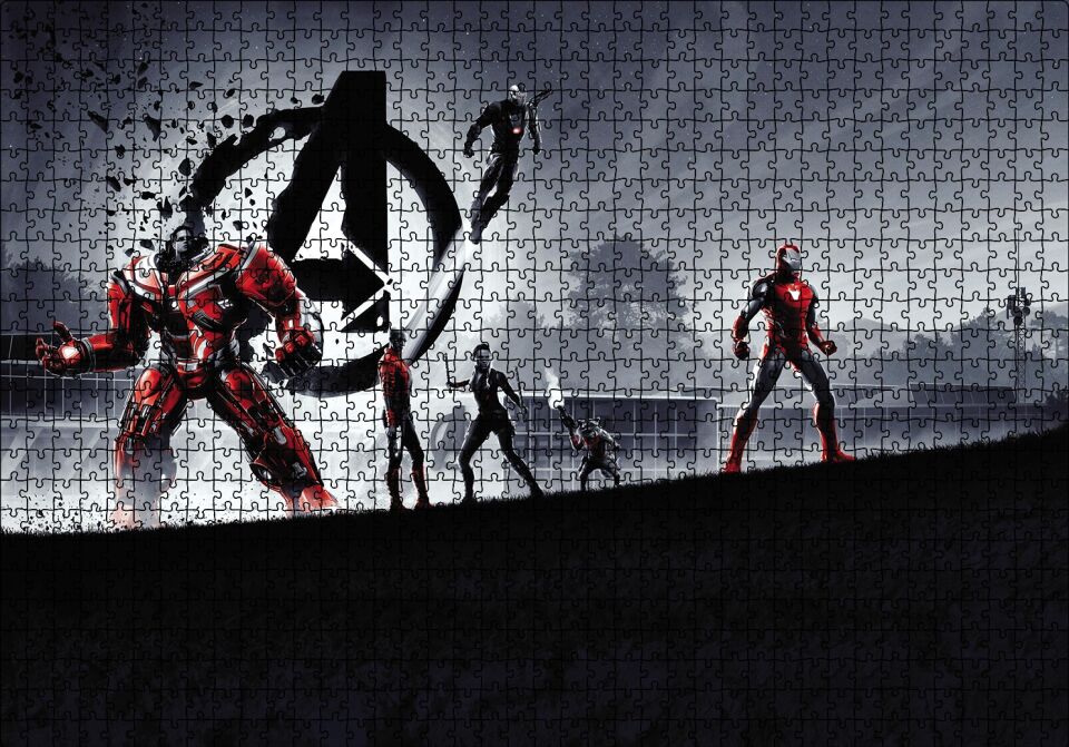 Avengers Hulkbuster, Iron Man, Black Widow ve Rocket Puzzle Yapboz MDF Ahşap 1000 Parça 49 cm X 68 cm