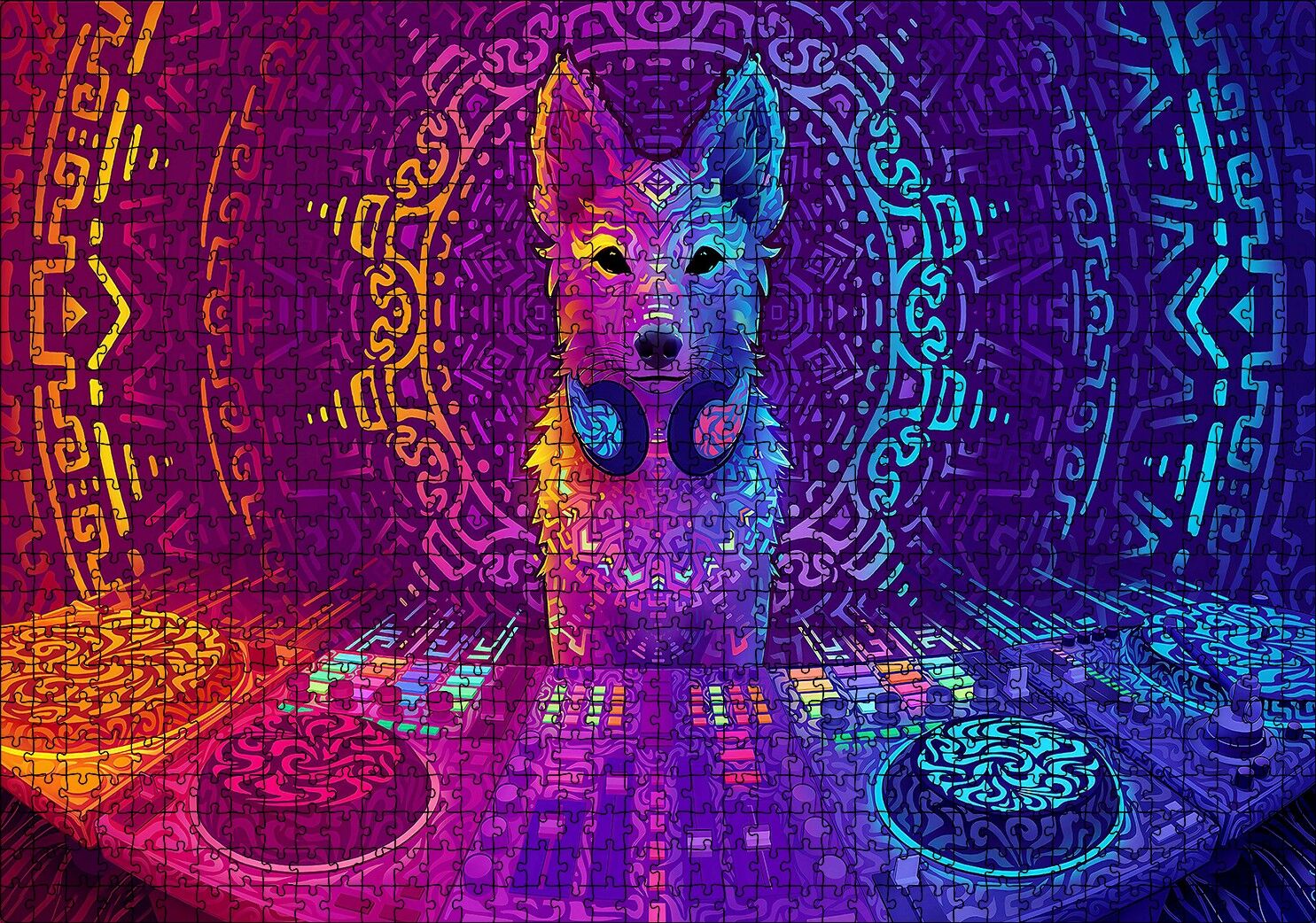DJ Köpek ve Saykodelik Desenler Puzzle Yapboz MDF Ahşap 1000 Parça 49 cm X 68 cm