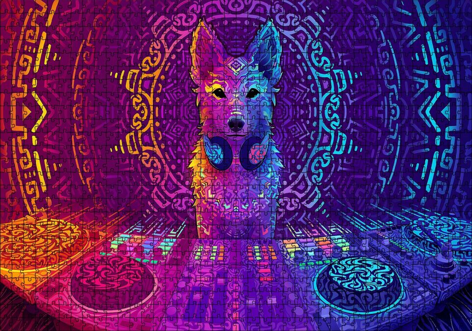 DJ Köpek ve Saykodelik Desenler Puzzle Yapboz MDF Ahşap 1000 Parça 49 cm X 68 cm