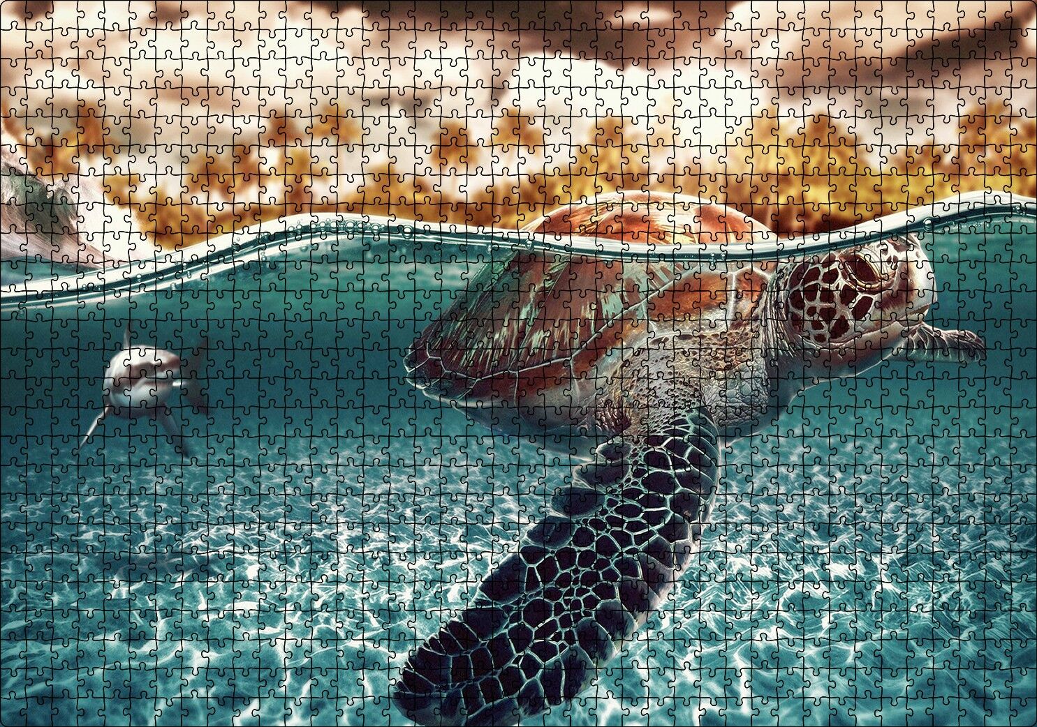 Caretta ve Büyük Beyaz Köpek Balığı Puzzle Yapboz MDF Ahşap 1000 Parça 49 cm X 68 cm