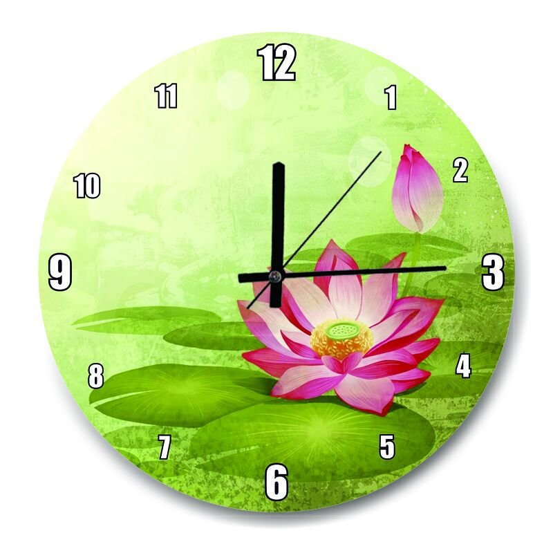 Lotus Çiçeği Ve Yeşil Zemin  Mdf Ahşap Duvar Saati 50 cm Çap