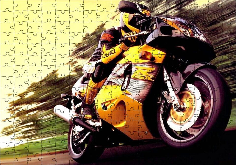 Motor Sporları Sarı Motosiklet Görseli Puzzle Yapboz MDF Ahşap 255 Parça 34 cm X 49 cm