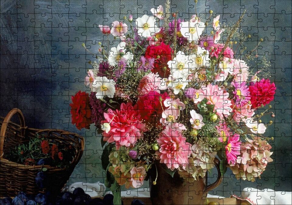 Vazo Sepet Renk Renk Bahar Çiçekleri Görseli Puzzle Yapboz MDF Ahşap 255 Parça 34 cm X 49 cm
