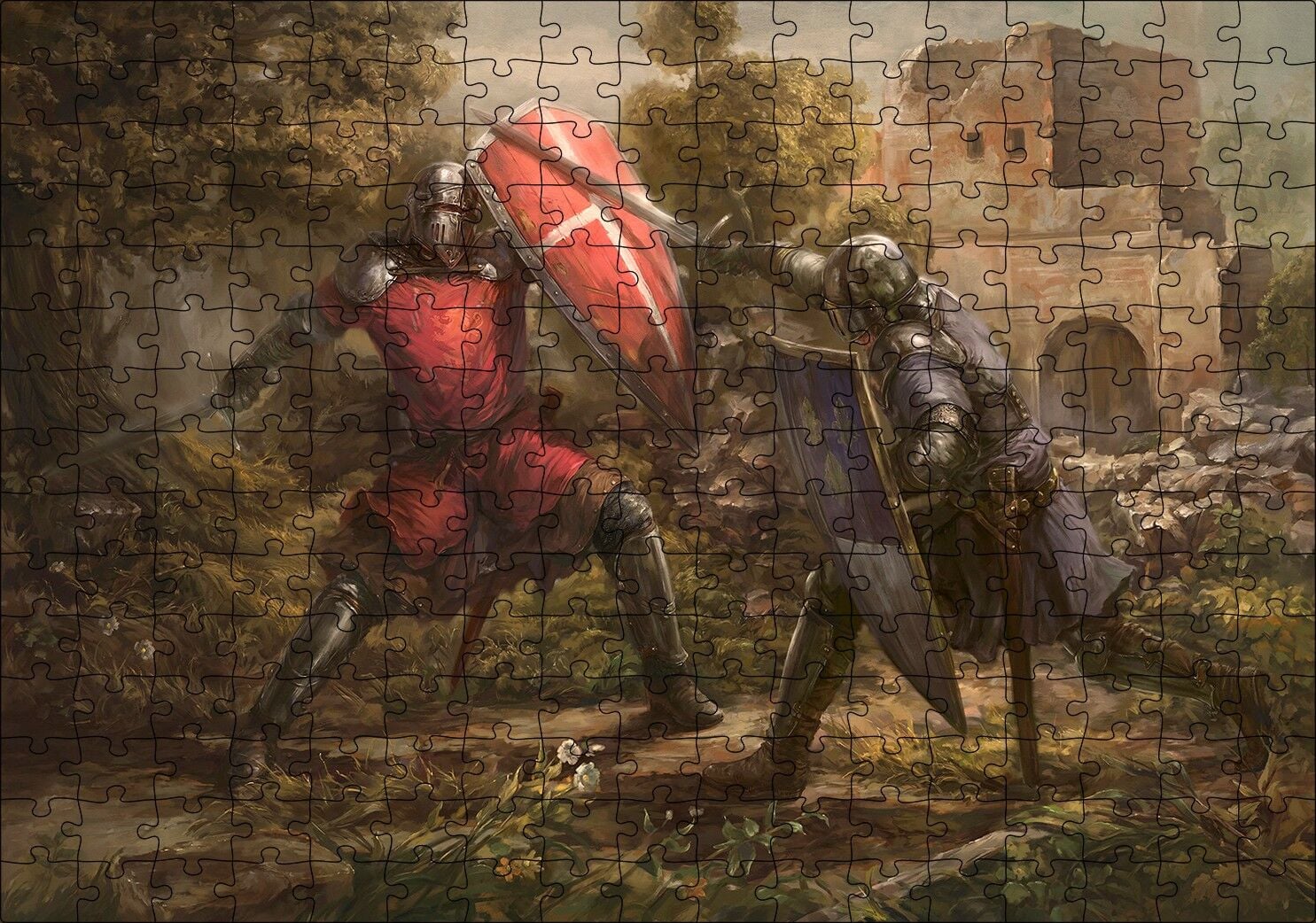 Çarpışan Zırhlı Şövalyeler Yağlı Boya Puzzle Yapboz MDF Ahşap 255 Parça 34 cm X 49 cm