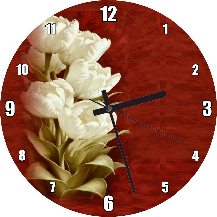 Beyaz Çiçekler Kırmızı Arkaplan  Mdf Ahşap Duvar Saati 50 cm Çap