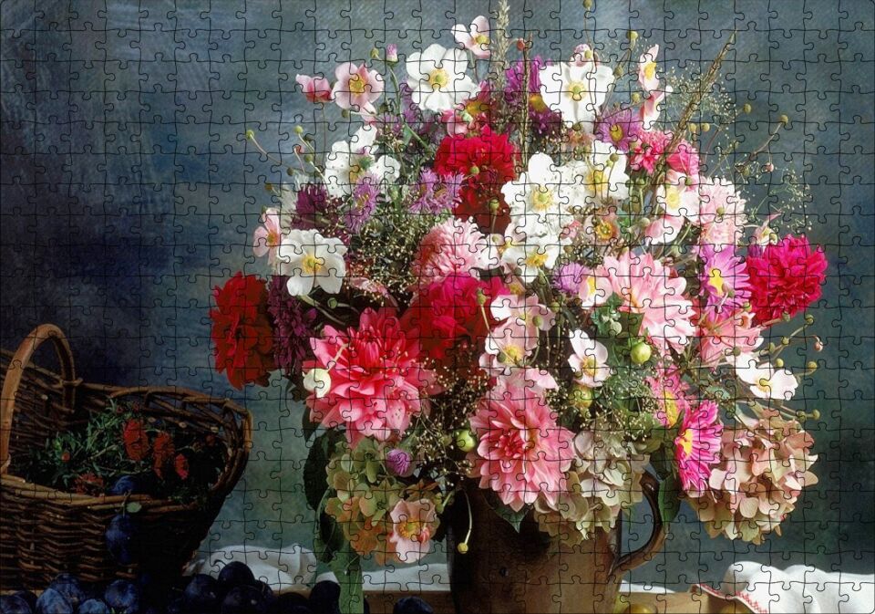 Vazo Sepet Renk Renk Bahar Çiçekleri Görseli Puzzle Yapboz MDF Ahşap 500 Parça 49 cm X 68 cm