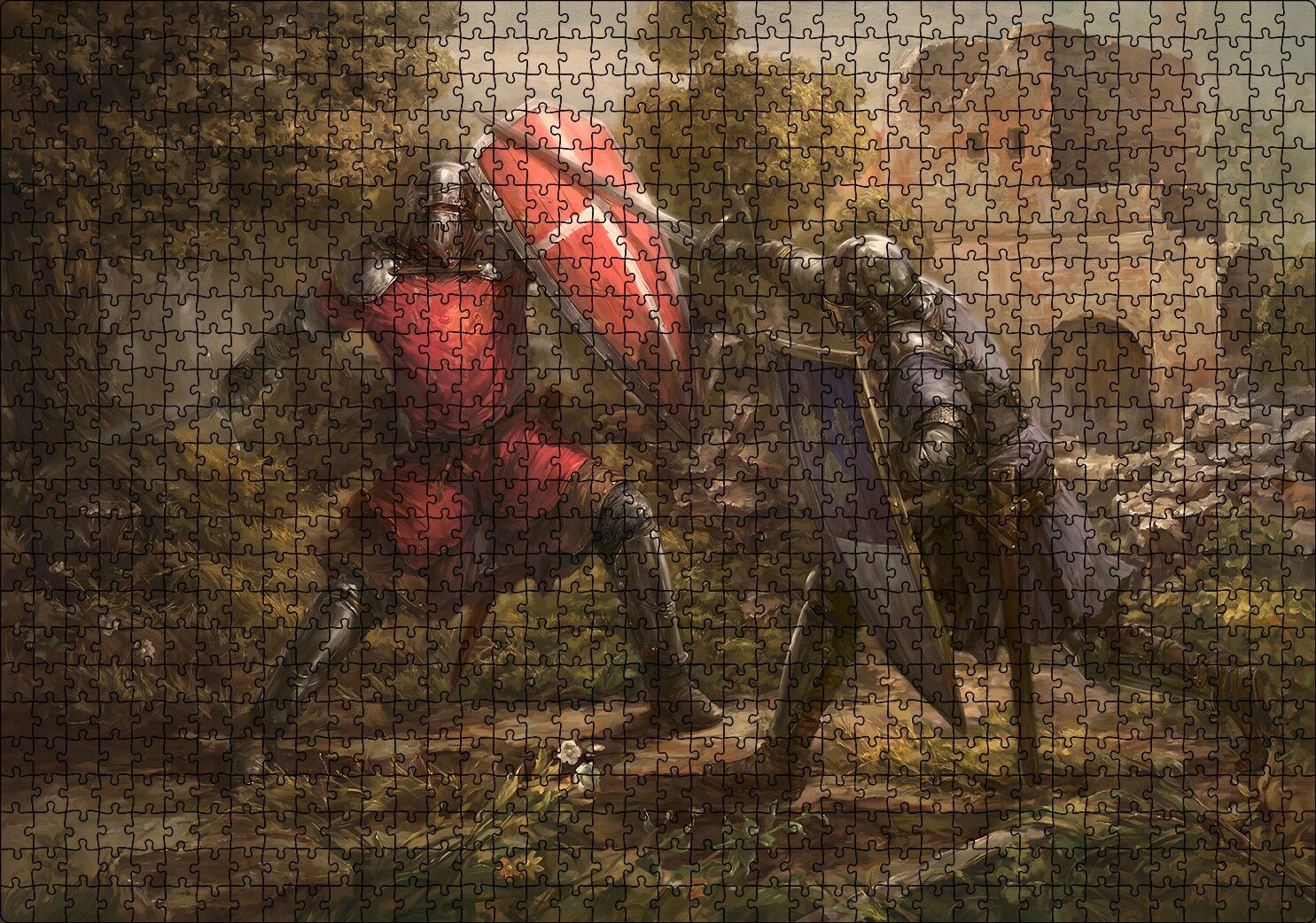 Çarpışan Zırhlı Şövalyeler Yağlı Boya Puzzle Yapboz MDF Ahşap 1000 Parça 49 cm X 68 cm