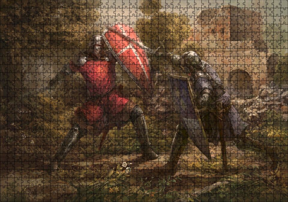 Çarpışan Zırhlı Şövalyeler Yağlı Boya Puzzle Yapboz MDF Ahşap 1000 Parça 49 cm X 68 cm