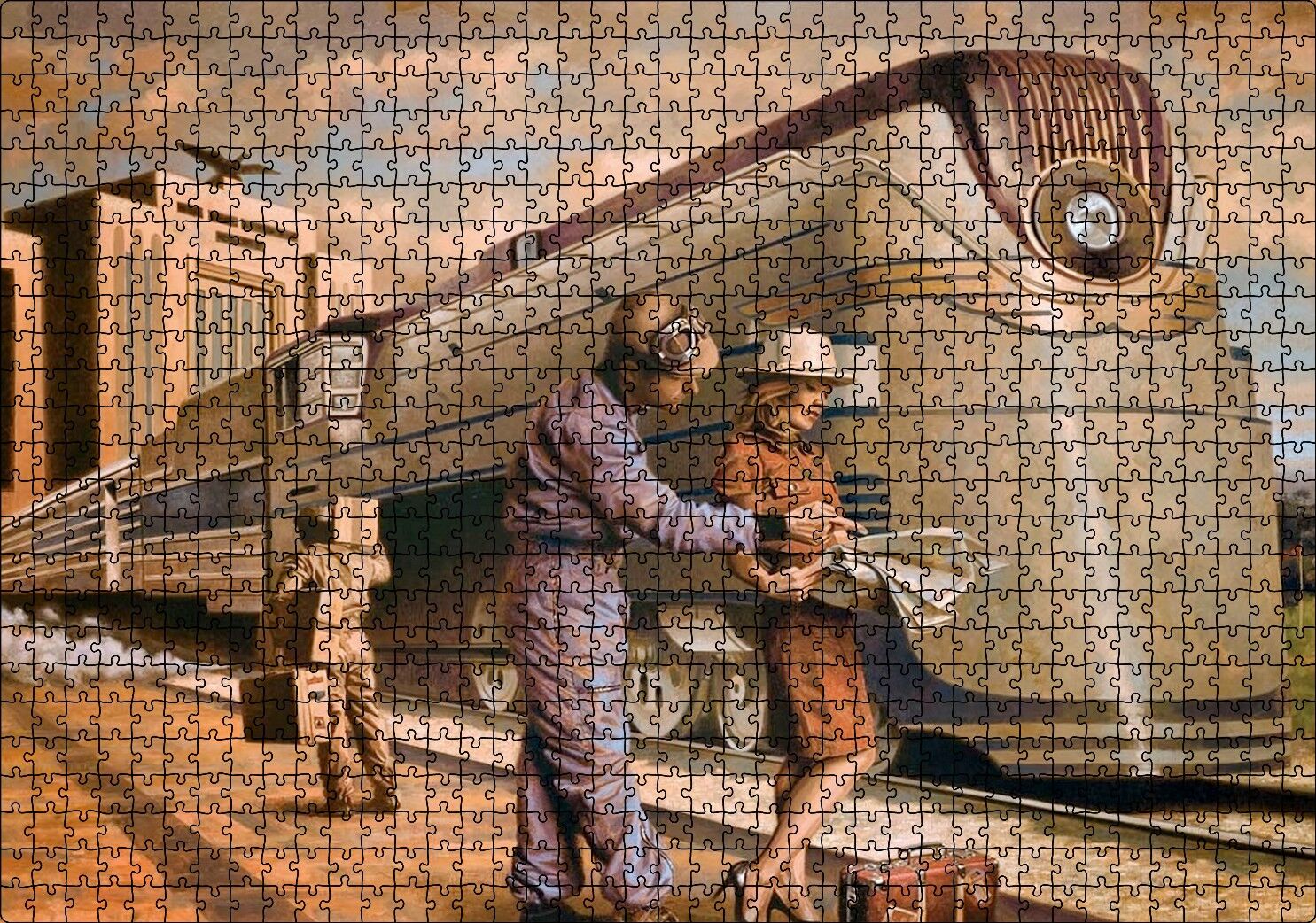 Fütüristik Tren ve Eski Kıyafetli Yolcular Puzzle Yapboz MDF Ahşap 1000 Parça 49 cm X 68 cm
