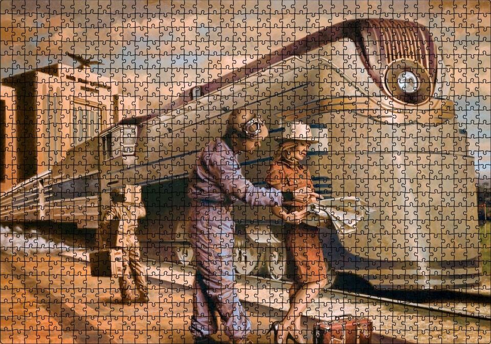 Fütüristik Tren ve Eski Kıyafetli Yolcular Puzzle Yapboz MDF Ahşap 1000 Parça 49 cm X 68 cm