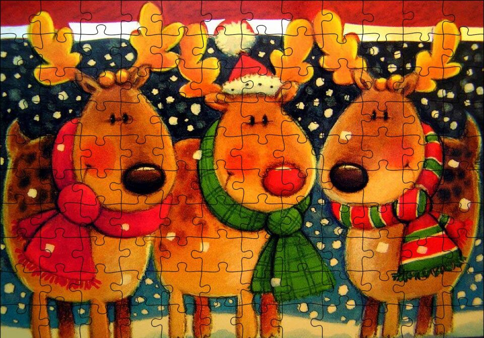 Noel Babanın Geyikleri Atkılı ve Bereli Puzzle Yapboz MDF Ahşap 120 Parça 24 cm X 34 cm