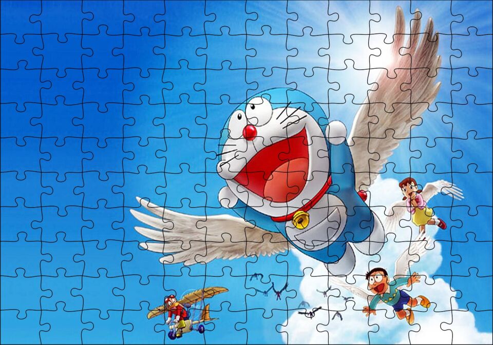Doraemon ve Çocuklar Mavi Göklerde Puzzle Yapboz MDF Ahşap 120 Parça 24 cm X 34 cm
