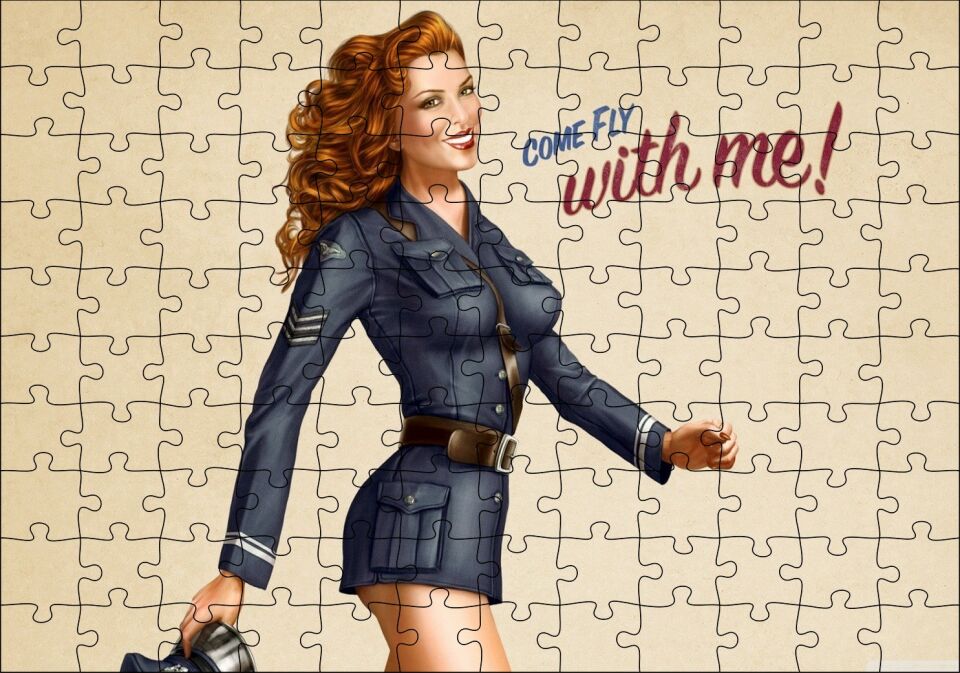 Come Fly With Me Stil Pin Up Kızı Görseli Puzzle Yapboz MDF Ahşap