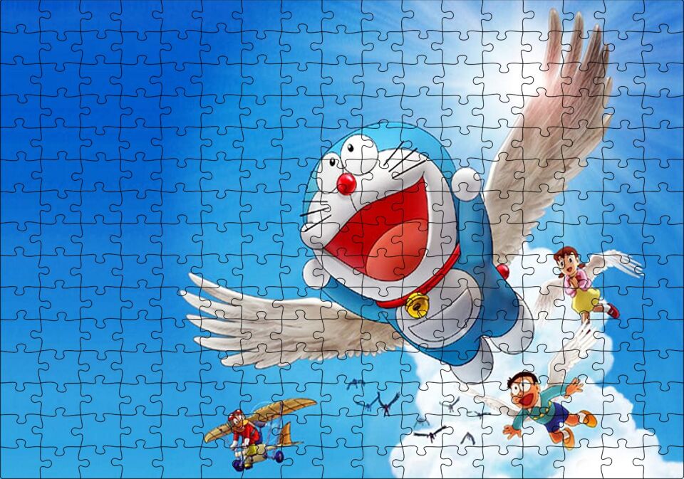 Doraemon ve Çocuklar Mavi Göklerde Puzzle Yapboz MDF Ahşap 255 Parça 34 cm X 49 cm