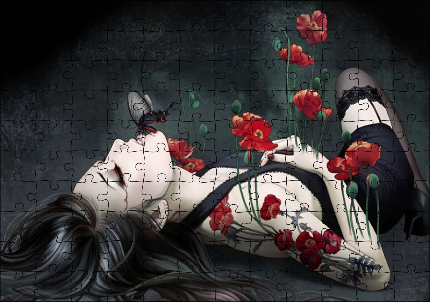 Kırmızı Güller Genç Kadın ve Siyah Kelebek Puzzle Yapboz MDF Ahşap