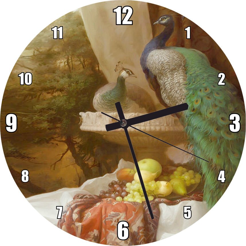 Bir Çift Tavuskuşu ve Taze Meyveler  Mdf Ahşap Duvar Saati 30 cm Çap