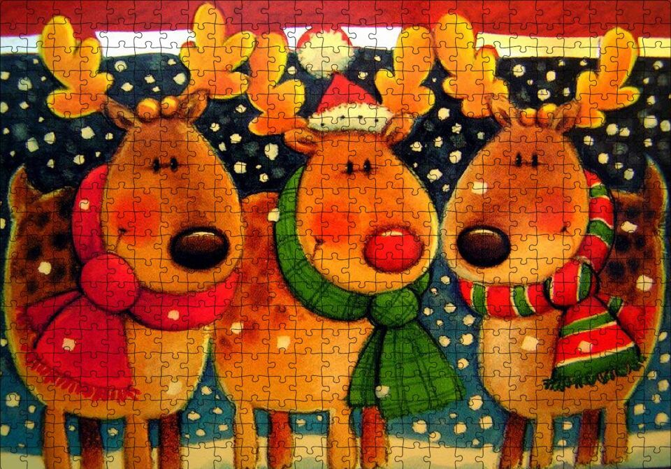 Noel Babanın Geyikleri Atkılı ve Bereli Puzzle Yapboz MDF Ahşap 500 Parça 49 cm X 68 cm