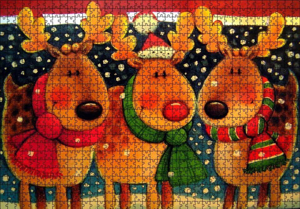 Noel Babanın Geyikleri Atkılı ve Bereli Puzzle Yapboz MDF Ahşap 1000 Parça 49 cm X 68 cm