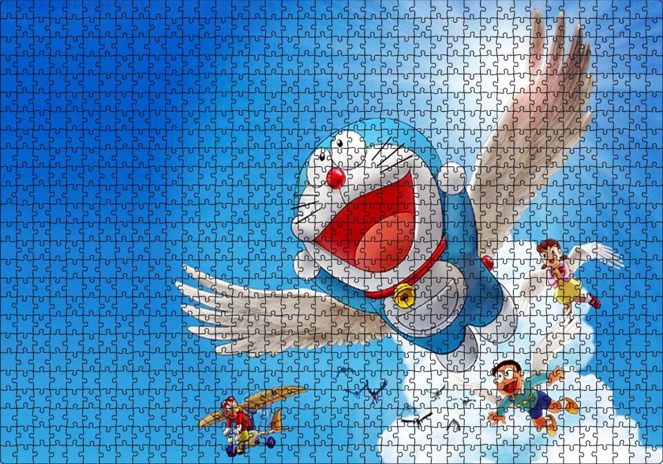 Doraemon ve Çocuklar Mavi Göklerde Puzzle Yapboz MDF Ahşap 1000 Parça 49 cm X 68 cm